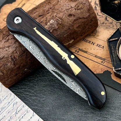 Damascus Folding Knife - Ebony Handle Portable Camping & Hiking Utility Knife