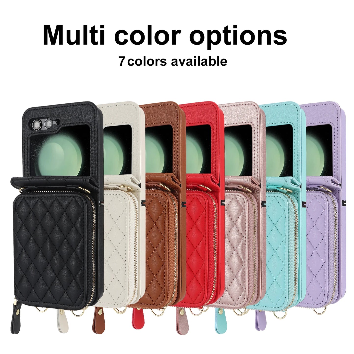 Crossbody Zipper Leather Case for Samsung Galaxy Z Flip 5/4/3/5G - Cards Slot, Long Lanyard Pocket Bag Wallet Cover, Flip4/Flip5 Compatible