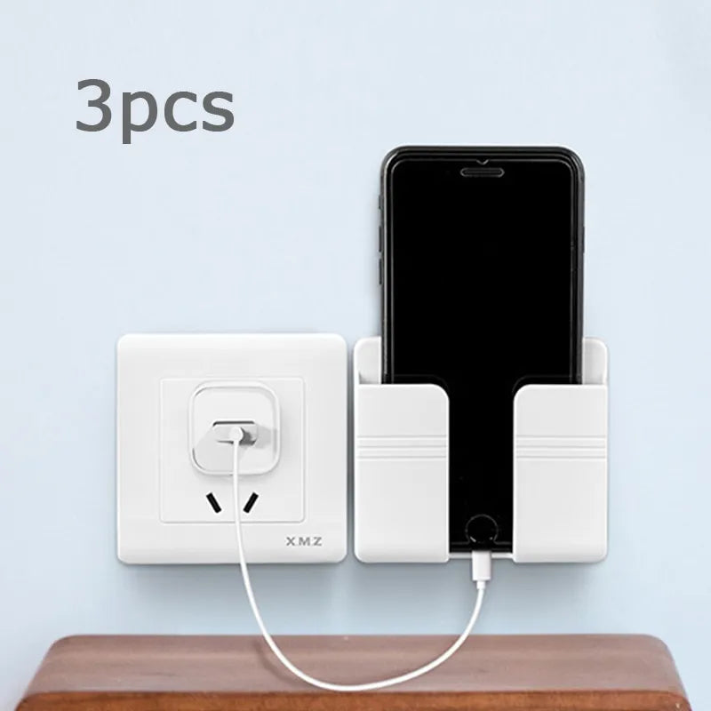 3pcs Wall Mount Phone Holder: White Punch-Free Charging Stand - Lazy Sticky Remote Control Storage Box for Mobile Phones