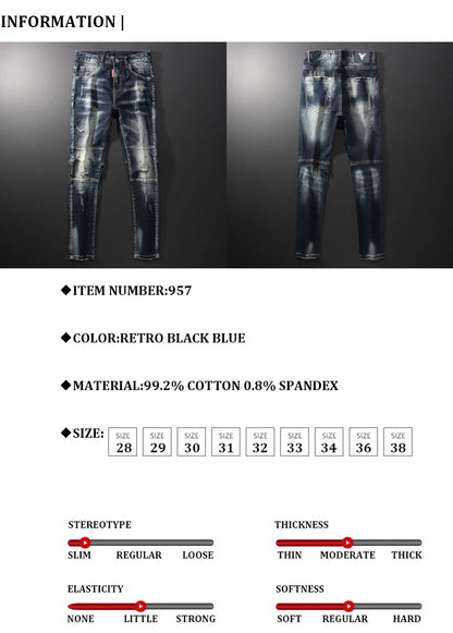 Streetwear Men’s Slim Fit Ripped Jeans – Retro Black & Blue Spliced Denim with Designer Embroidery, Hip Hop Fashion