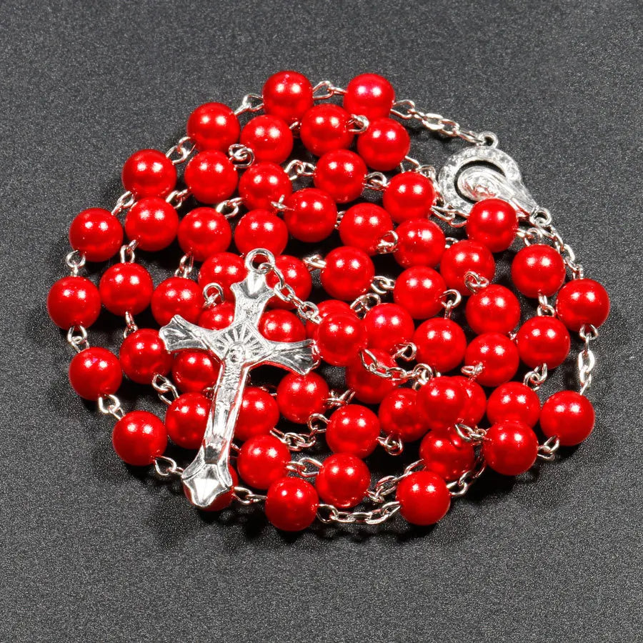 Faux Pearl Rosary Necklace – Virgin Mary & Jesus Cross Pendant Long Bead Chain Religious Fashion Jewelry for Women