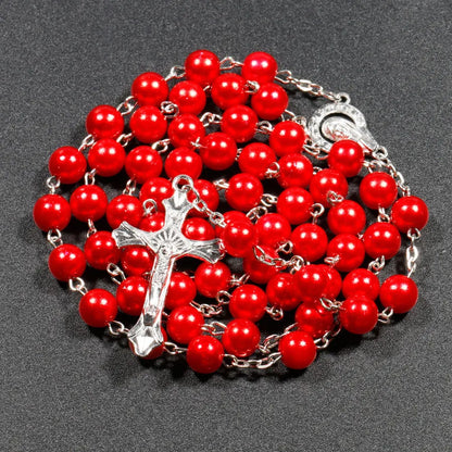 Faux Pearl Rosary Necklace – Virgin Mary & Jesus Cross Pendant Long Bead Chain Religious Fashion Jewelry for Women
