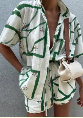 Women’s Summer 2-Piece Set – Lapel Short-Sleeve Shirt & Shorts, Elegant Loose Printed Outfit