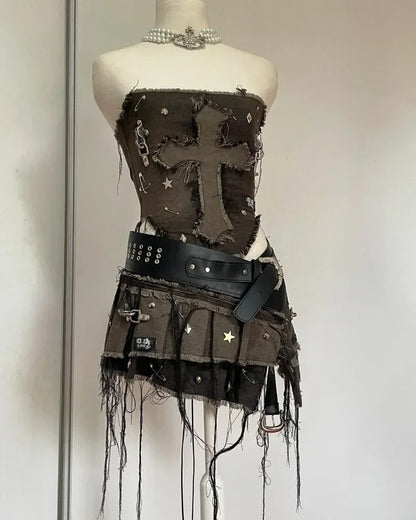 2025 Y2K Gothic Denim Two-Piece Set — Women’s Harajuku Pleated Mini Skirt Streetwear Outfit