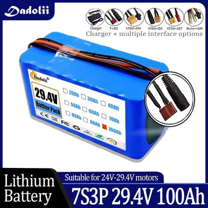 29.4V 100Ah 7S3P 18650 Lithium-Ion Battery Pack — Suitable for 24V–29.4V Motors with 2A Charger