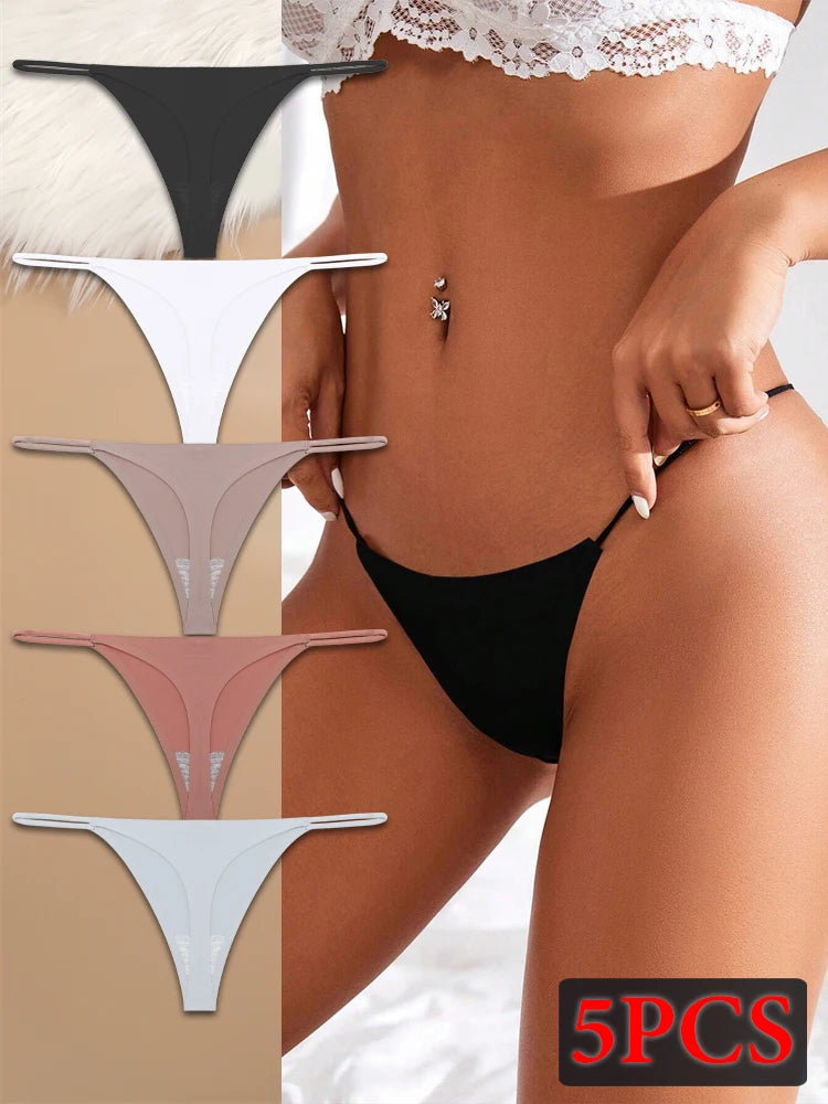 5PCS Seamless Ice Silk Thongs for Women – Low Waist Sexy Bikini T-Back, Solid Color Traceless G-String Panties, XS-XL