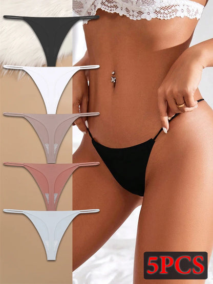 5PCS Seamless Ice Silk Thongs for Women – Low Waist Sexy Bikini T-Back, Solid Color Traceless G-String Panties, XS-XL
