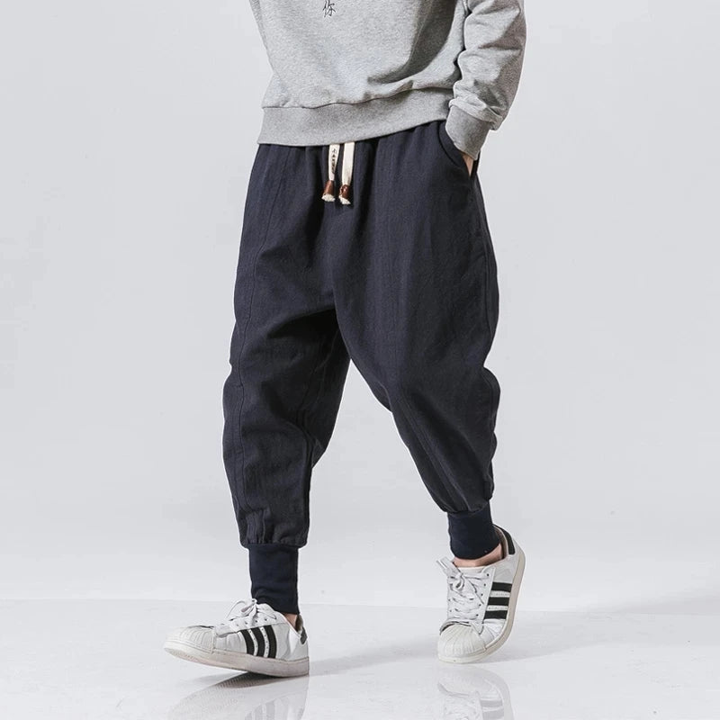 Men’s Cotton Linen Harem Pants – Solid Color Baggy Drop-Crotch Joggers with Elastic Waist Casual Streetwear Trousers
