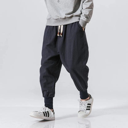 Men’s Cotton Linen Harem Pants – Solid Color Baggy Drop-Crotch Joggers with Elastic Waist Casual Streetwear Trousers