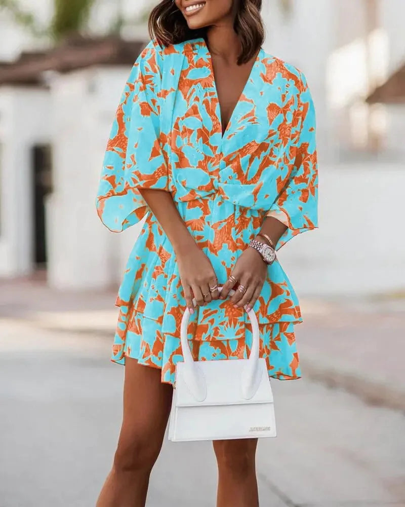 Women’s Sexy V-Neck Ruffle Mini Dress – Summer Boho Floral Batwing Sleeve Beach Party Dress
