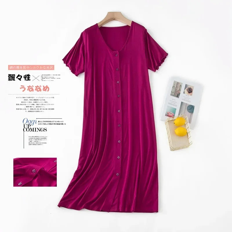 Women’s Modal Short-Sleeve Night Dress – Mid-Length Cotton Sleep Top with Buttons, Plus Size Pajamas