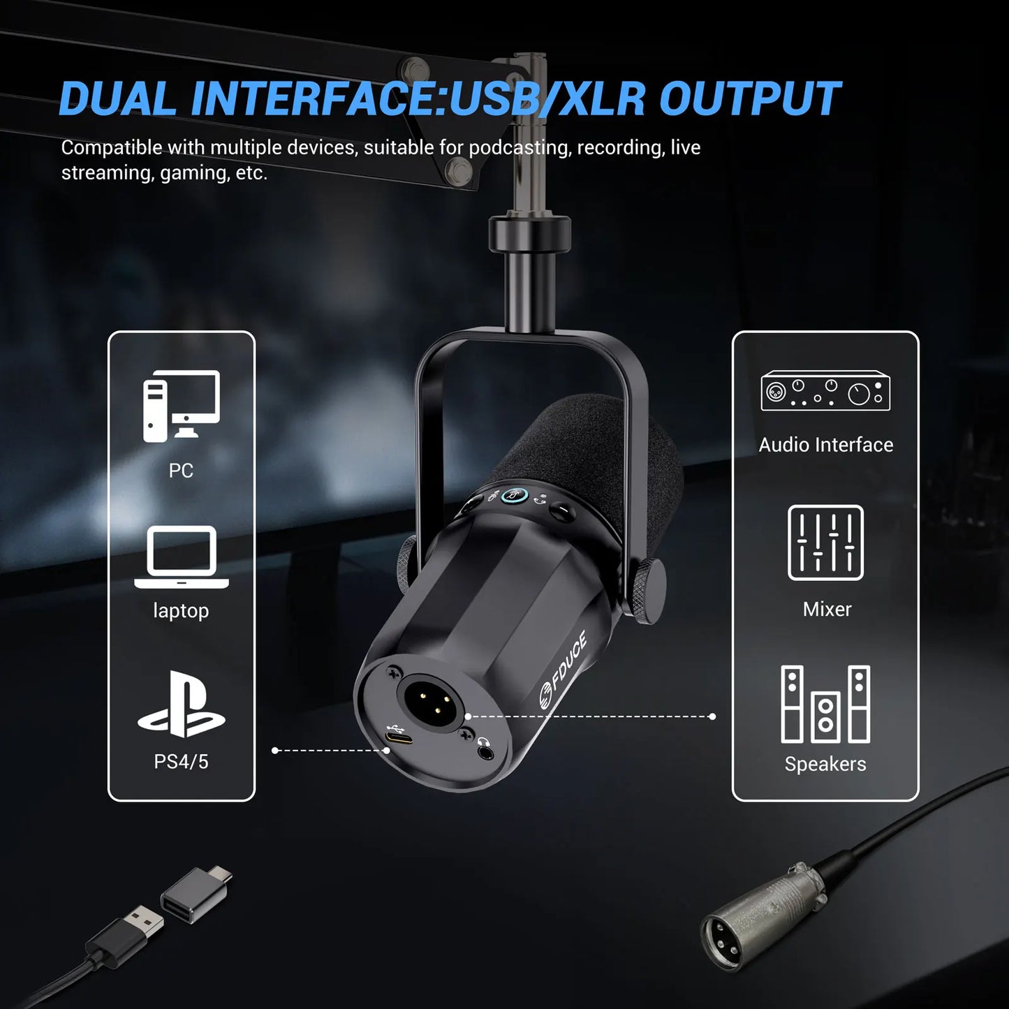 FDUCE SL40+ USB/XLR Dynamic Microphone Kit – Built-in Headset Output, Sound Insulation & Arm Stand for PC, PS5/4, Mixer
