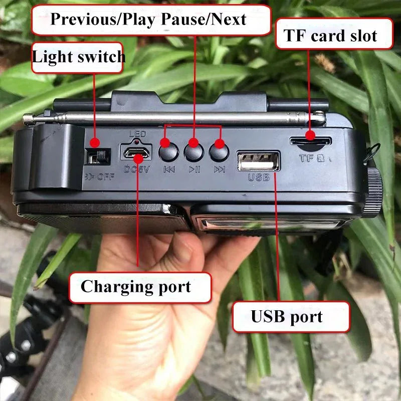 Portable Solar Emergency Radio – FM/AM/SW1-6 Multi-Band Receiver with Bluetooth Speaker, Flashlight, TF Card & USB MP3 Player Outdoor Survival Device