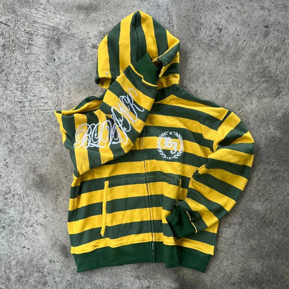 Men's Striped Zip-Up Hoodie - Retro American Streetwear Sweatshirt with Rivet Details