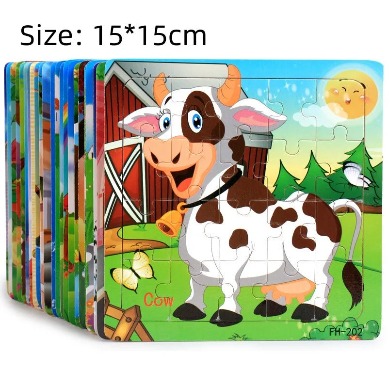20PCS Wooden 3D Cartoon Animal & Vehicle Puzzle – Montessori Educational Jigsaw Toys for Kids Ages 1–3