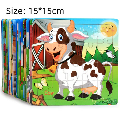 20PCS Wooden 3D Cartoon Animal & Vehicle Puzzle – Montessori Educational Jigsaw Toys for Kids Ages 1–3
