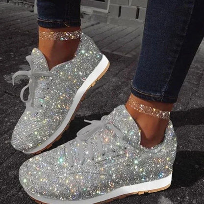2025 Women’s Flat Sneakers – Casual Bling Mesh Lace-Up Platform Shoes, Plus Size Outdoor Fashion Footwear