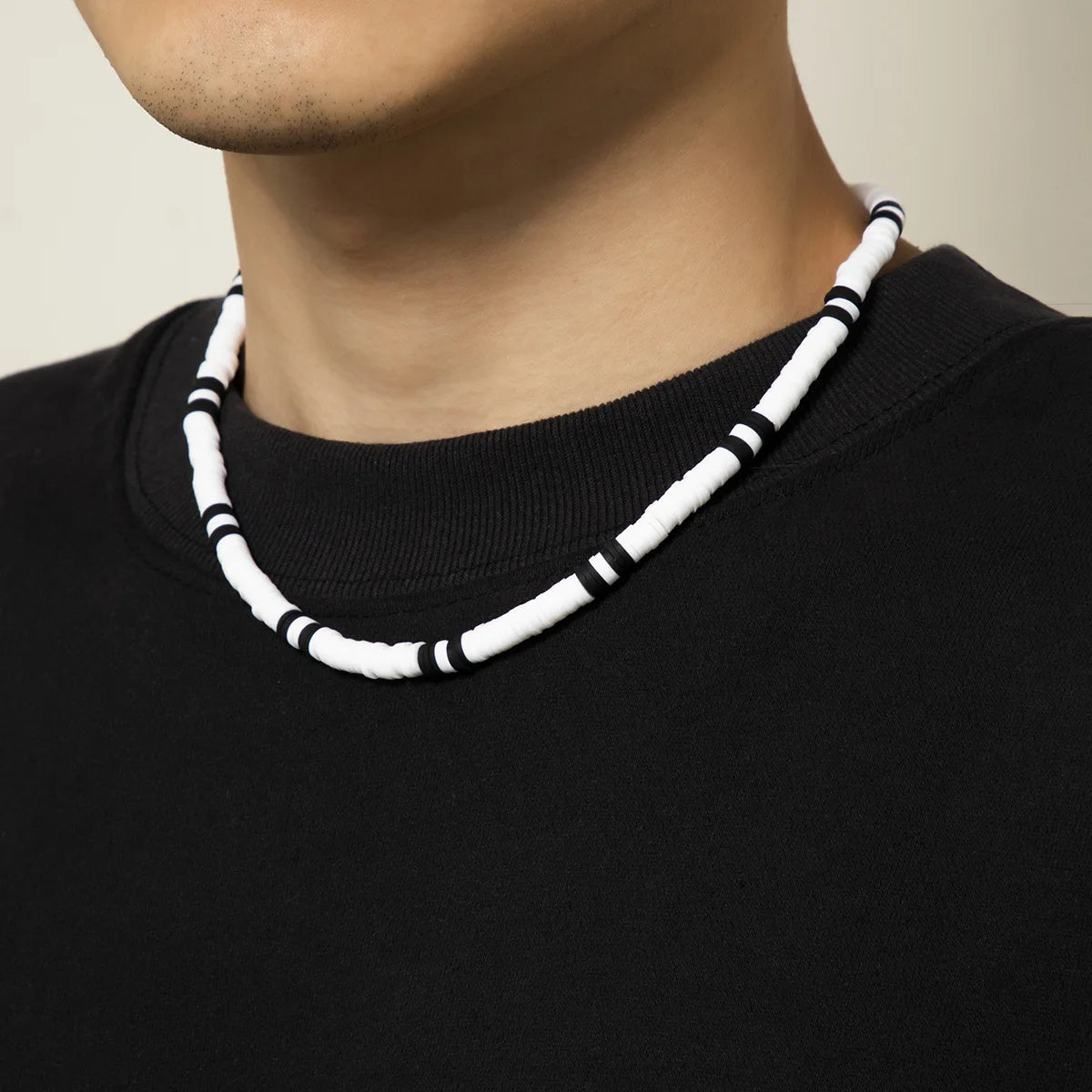 Bohemian White & Black Polymer Beads Necklace – Unisex Collar for Men and Women