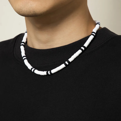 Bohemian White & Black Polymer Beads Necklace – Unisex Collar for Men and Women