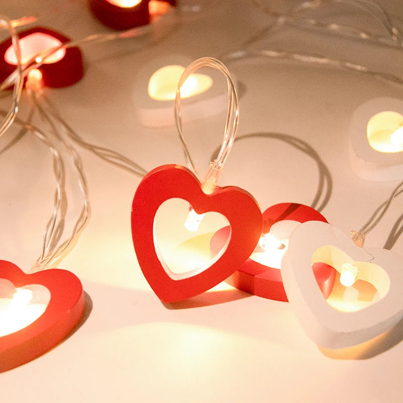 Romantic 10-Piece Valentine's Day Wooden Heart String Lights - LED Fairy Lights for Charming Love Lamp Garland, Perfect for Valentine's Day and Wedding Decor