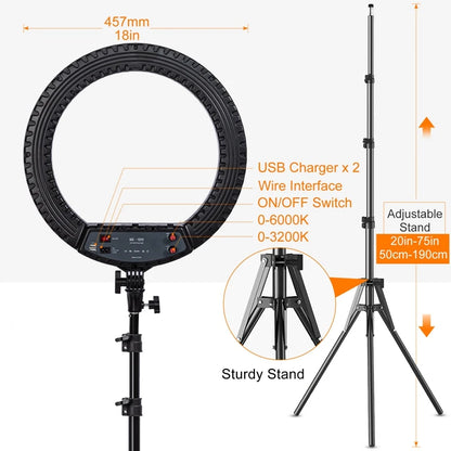 18-Inch Ring Light with Tripod Stand - 55W, 3000-5800K, CRI 90 for Vlog, Video Shooting, Makeup & Selfie
