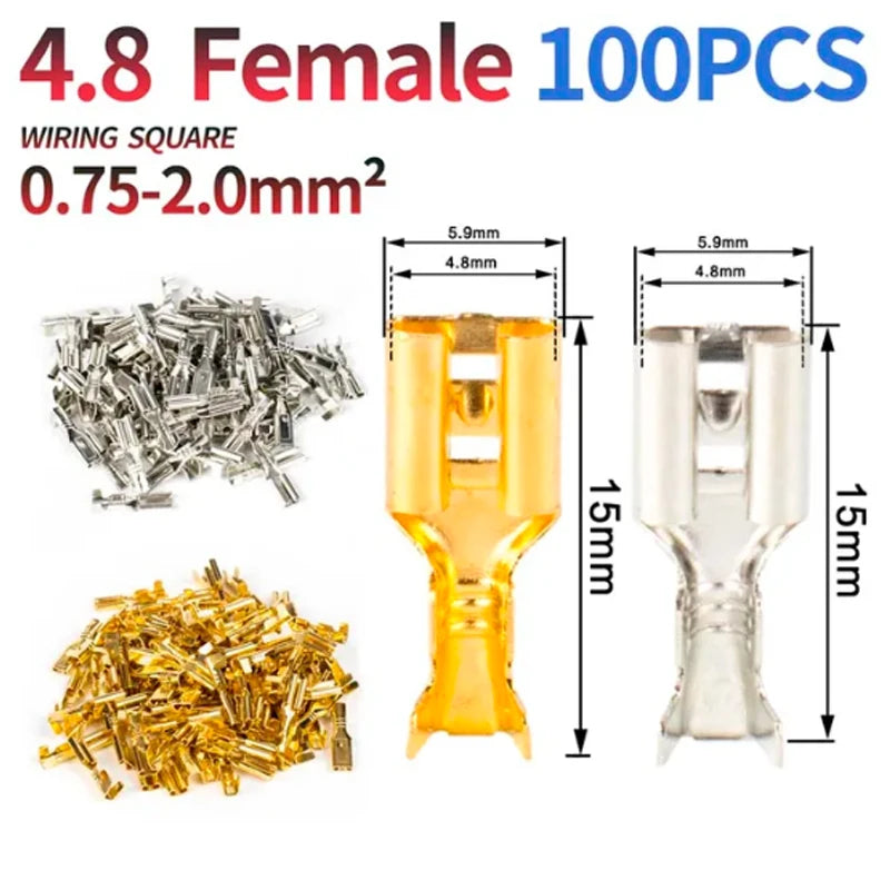 100PCS 2.8/4.8/6.3mm Male & Female Crimp Terminal Connectors – Gold & Silver Wire Connectors for Car & Electronics