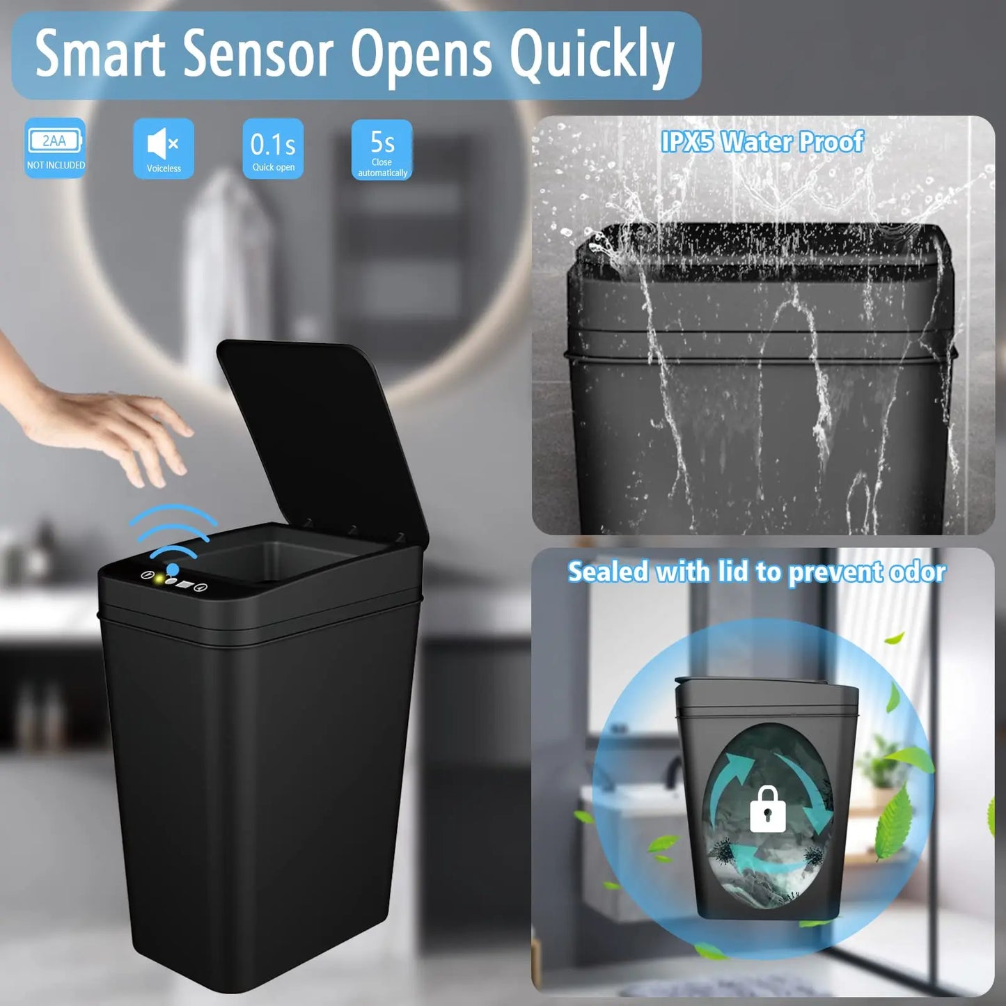 Touchless Automatic Bathroom Trash Can – Slim Motion Sensor Smart Garbage Bin with Lid for Bedroom, Office & Living Room