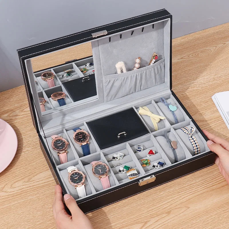 PU Leather Jewelry & Watch Organizer Box — Storage Case for Rings, Earrings, Bracelets, Perfect Gift Casket