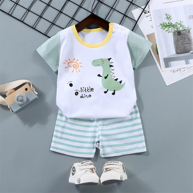 Kid Boy Summer 2-Piece Set – Soft Cotton Short Sleeve Tee & Stripe Shorts with Cartoon Zebra Print, Casual Sportswear for Ages 1-6