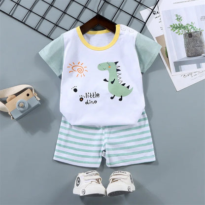 Kid Boy Summer 2-Piece Set – Soft Cotton Short Sleeve Tee & Stripe Shorts with Cartoon Zebra Print, Casual Sportswear for Ages 1-6