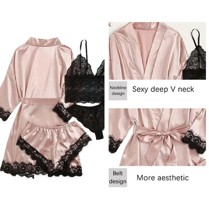 4 Piece Women's Sleepwear Pajama Set – Sexy Lace Lingerie, Silk Satin Bathrobe, Nightwear Robe for Home Clothed Comfort