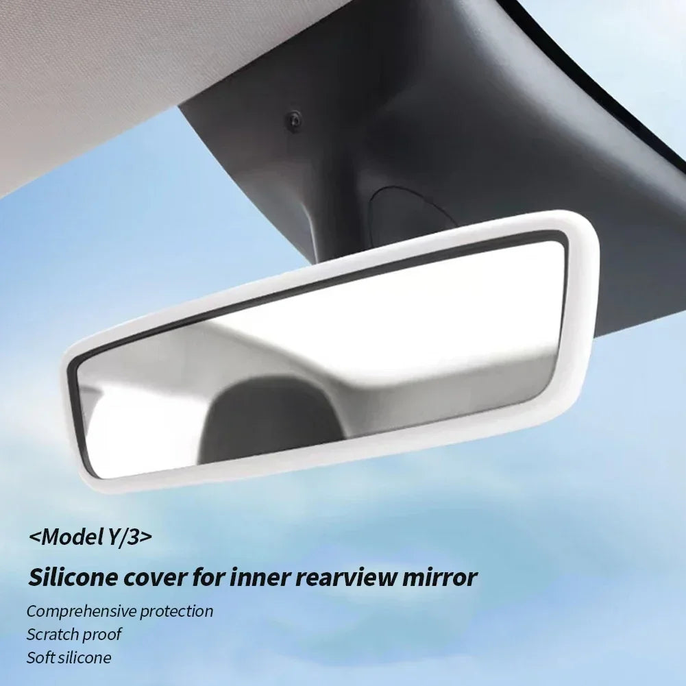 Silicone Rearview Mirror Protector Frame for Tesla Model 3/Y/S/X — Interior Console Cover Rubber Case Accessory