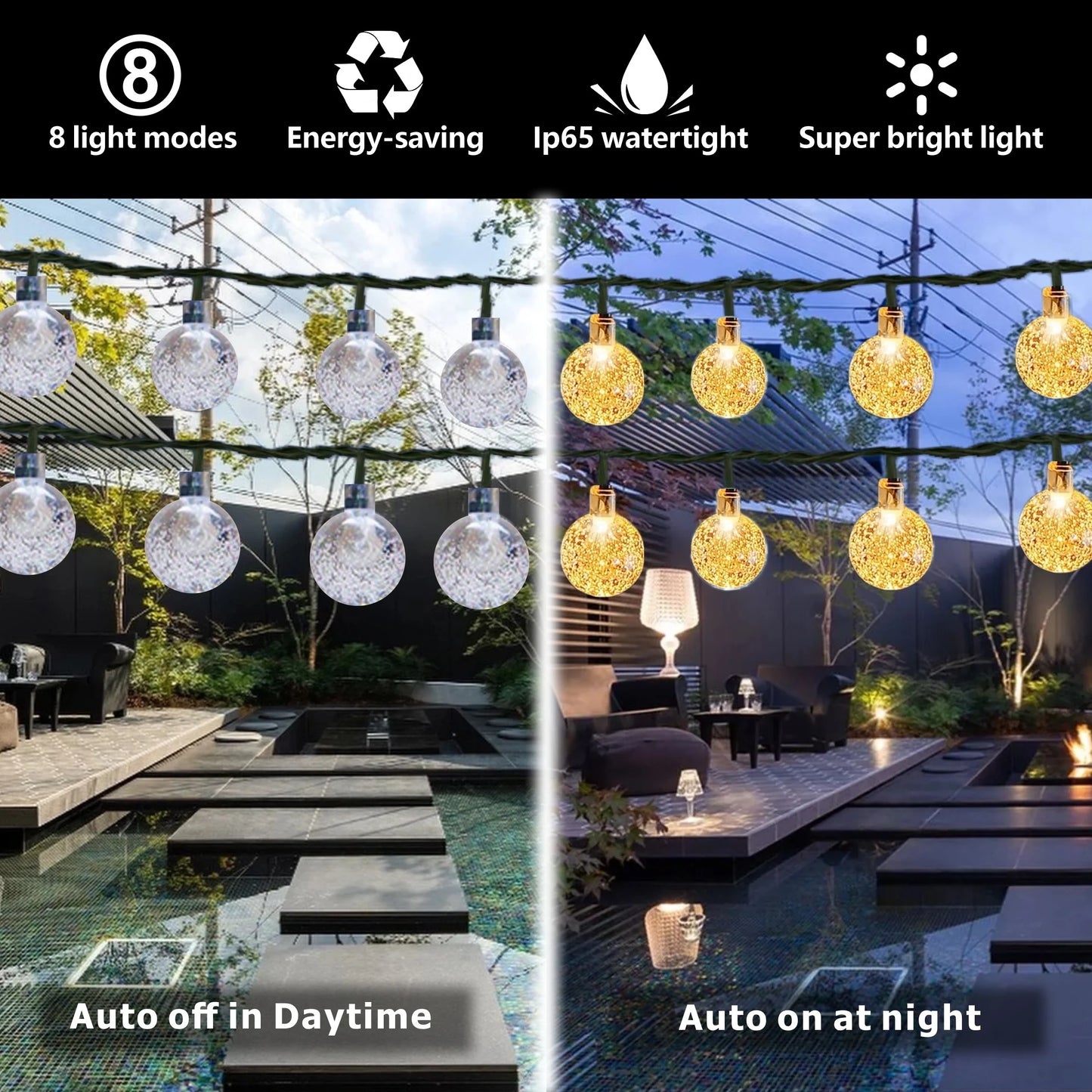 64FT Crystal Globe Solar String Lights: 1 Pack with 100 LED, 8 Lighting Modes - IP65 Solar Outdoor Lights for Halloween, Christmas Party