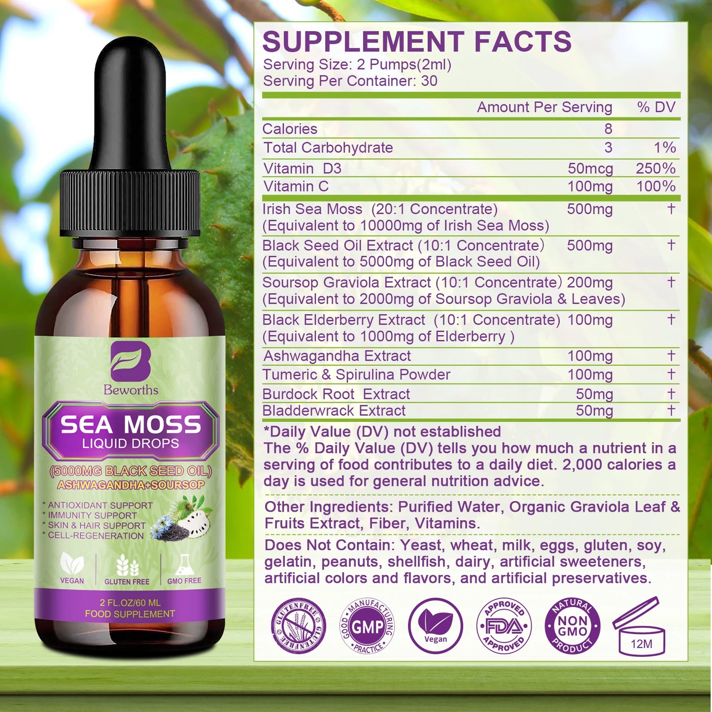 BEWORTHS Sea Moss & Soursop Graviola Extract Drops – Immunity, Kidney Health, Digestion & Antioxidant Support