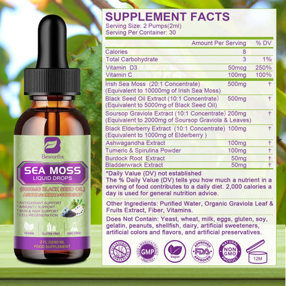 BEWORTHS Sea Moss & Soursop Graviola Extract Drops – Immunity, Kidney Health, Digestion & Antioxidant Support