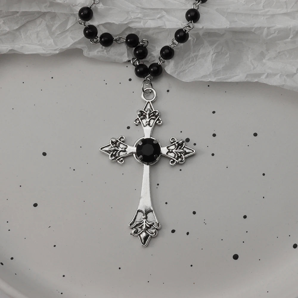Gothic Bat Cross Necklace Set - Y2K Thorn Love Black Beaded Layered Jewelry for Halloween Parties