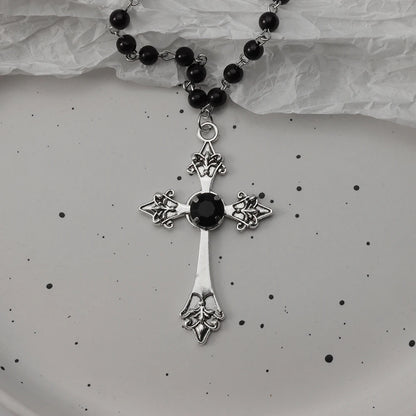 Gothic Bat Cross Necklace Set - Y2K Thorn Love Black Beaded Layered Jewelry for Halloween Parties