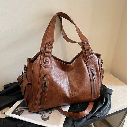 Women's PU Handbag - Soft Interior Compartment Shoulder Bag with Zipper & Contrasting Color Design