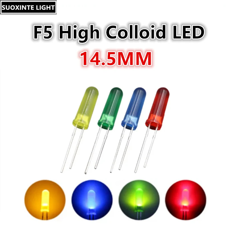 Highlight F5 14.5mm High-Intensity LED - 2-Pin Round Head DIP Light Emitting Diode in Red, True Green, Blue & Yellow