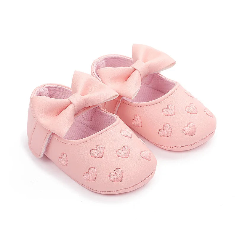 Baby Girls Shoes - Classic Dress Style with Cute Bow-Knot Heart, Anti-Slip Soft Sole First Walkers for Infants 0-18m