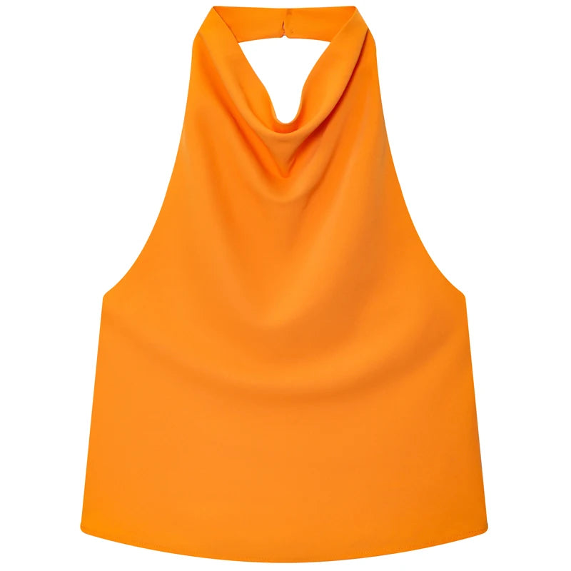 HXAO Women’s Satin Halter Top – Summer 2025 Black & Yellow Crop Tank, Off-Shoulder Sleeveless Backless Vest
