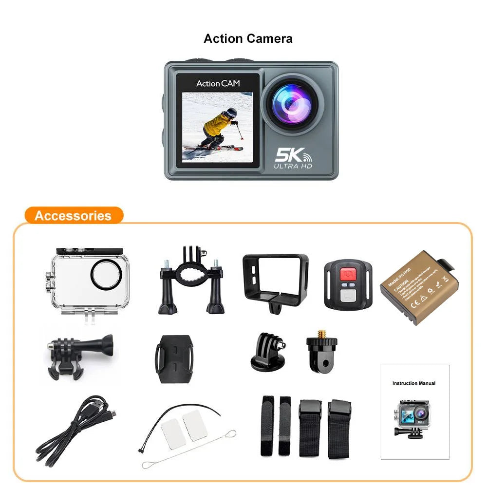5K Action Camera – 4K 60FPS Dual IPS Touchscreen, WiFi, 170° Wide-Angle, 30M Waterproof, 5X Zoom, Anti-Shake, Remote Control