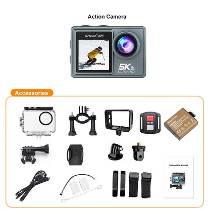5K Action Camera – 4K 60FPS Dual IPS Touchscreen, WiFi, 170° Wide-Angle, 30M Waterproof, 5X Zoom, Anti-Shake, Remote Control