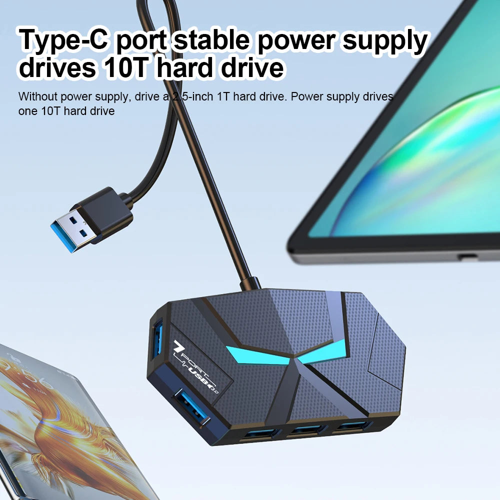 7-Port USB 3.0 Hub Type-C Docking Station — High-Speed 5Gbps Adapter for Laptop, Hard Drive, Mouse & Keyboard