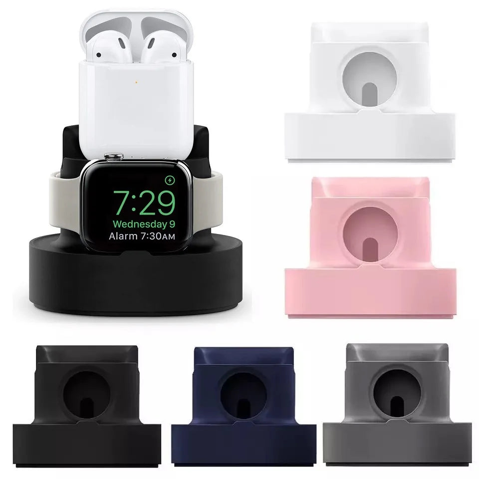 New Upgraded 2-in-1 Silicone Stand: Charging Base for Apple Watch, iPhone, and AirPods - Convenient Night Dock for iWatch