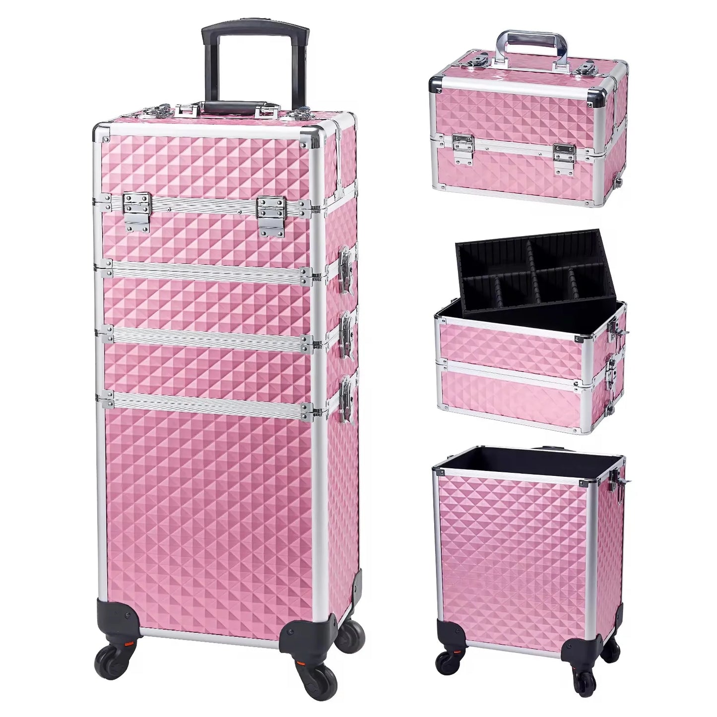 Makeup Trolley Case 4-in-1 — Detachable Alloy Train Briefcase with Wheels, Lockable Large Capacity Storage for Nail Manicure Salon