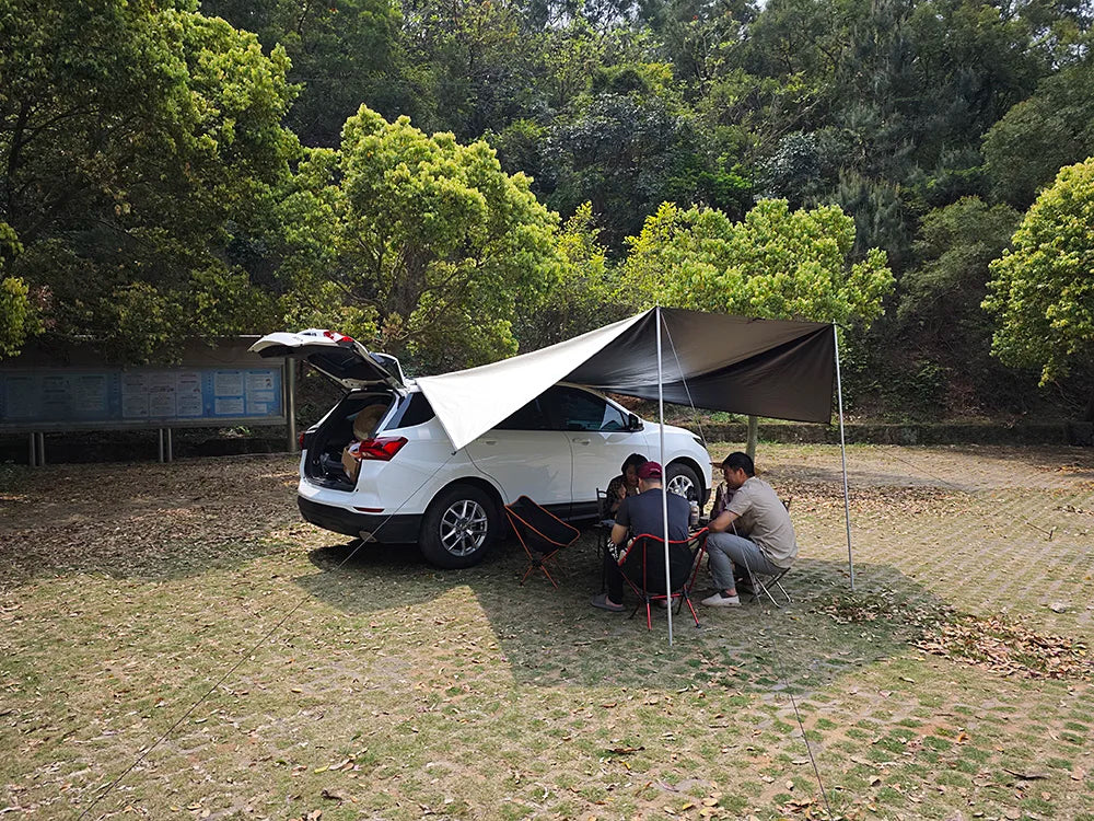 Manta Ray Car Side Awning – Black Coating Tarp with Suction Cup Anchor, Waterproof UV Protection for Outdoor Camping & SUV Shade