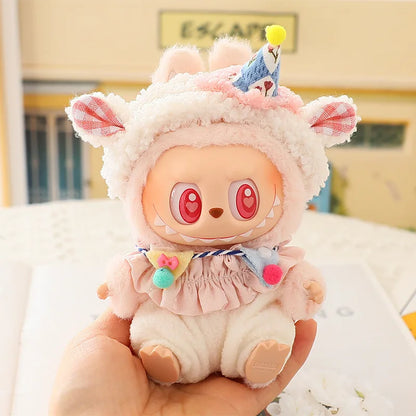 17cm Labubu Mini Plush Doll Outfit – Cute Blue Shark & Snowman Jumpsuit Accessories for V1/V2 Dolls, Gift for Kids