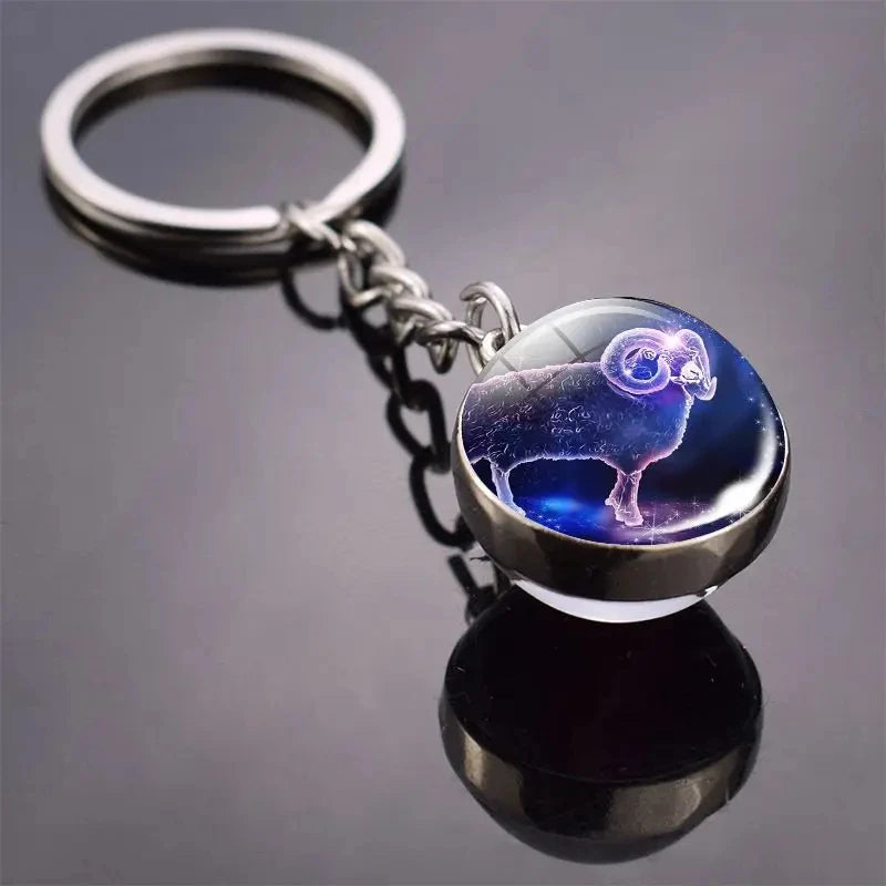 S12 Constellation Keychain – Luminous Double-Sided Zodiac Glass Ball Pendant for Men & Women