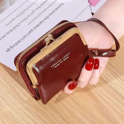 Women's Wrist Strap Wallet - Large Capacity Short Wax Oil Leather Zero Wallet with Multi-Card Holder and Letter Design